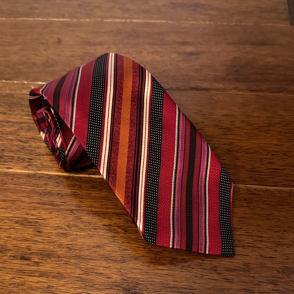 Men's Striped Red Silk Tie with Orange and Purple Accents